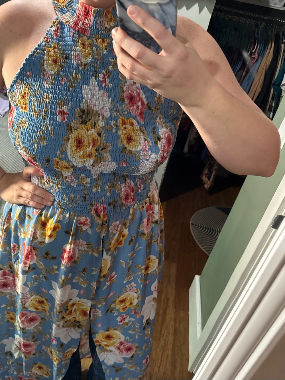 VENUS Blue Floral High-Neck Smocked Tunic